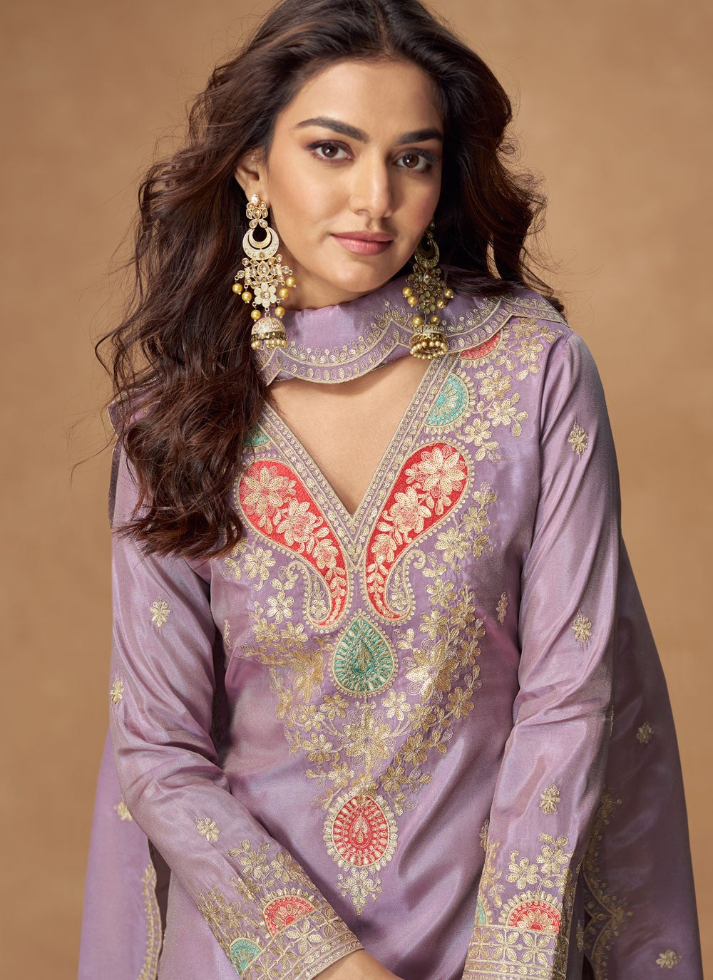 Palazzo Suit Embroidered, Zari Lavender T7878