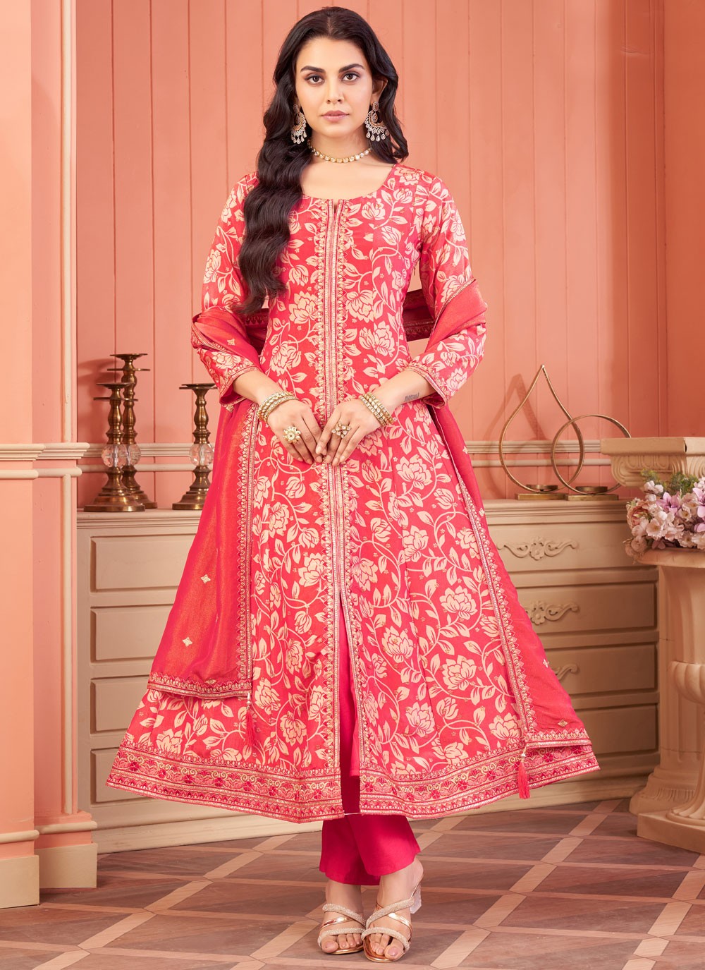 Embroidered Silk Hot Pink Anarkali T6050