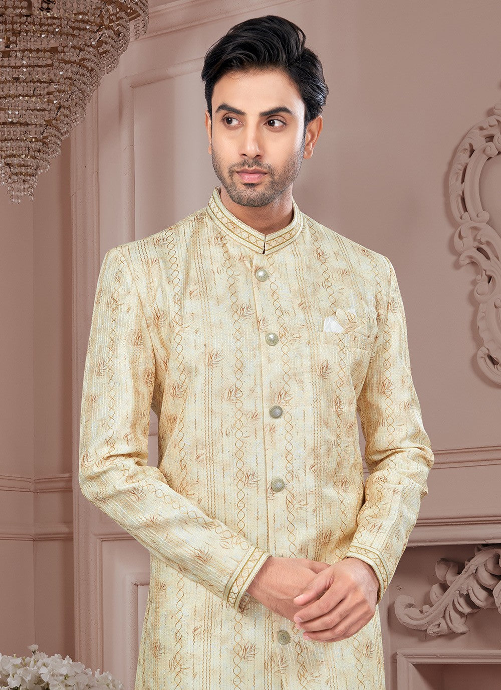 Digital Print Imported, Silk Beige, Yellow Indo Western - M8649