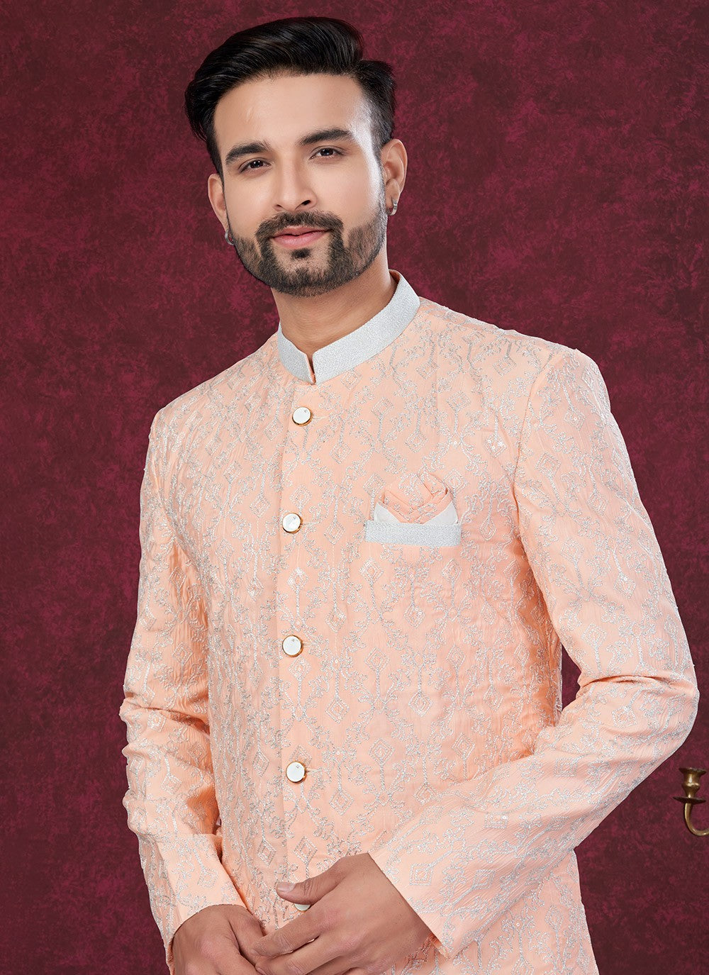 Machine Embroidery Silk Peach Sherwani - M8617