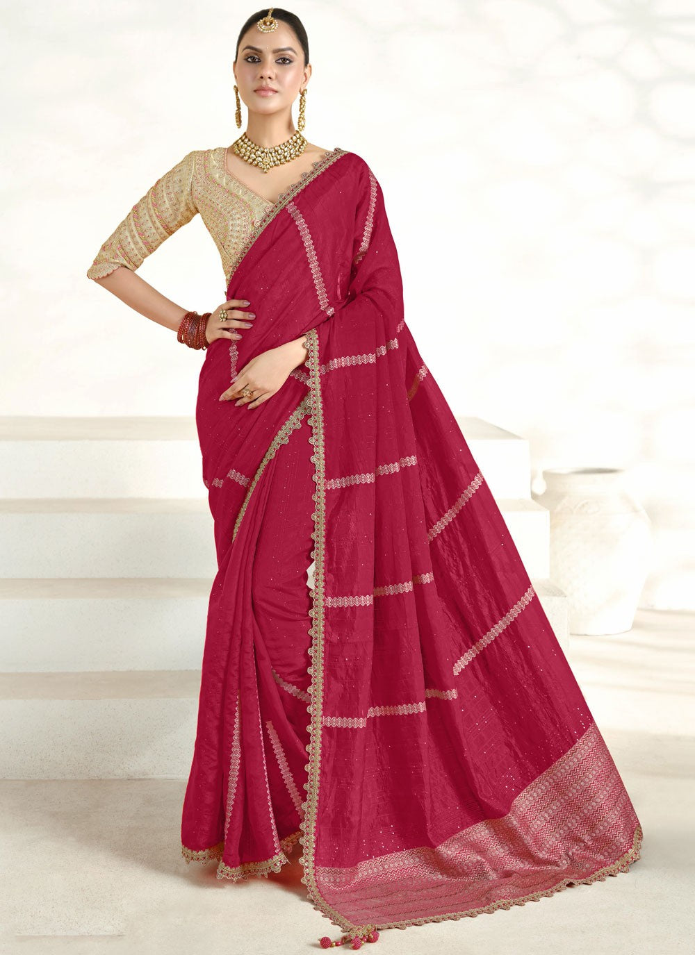 Traditional Border Work Hot Pink, Maroon Silk Saree S12677