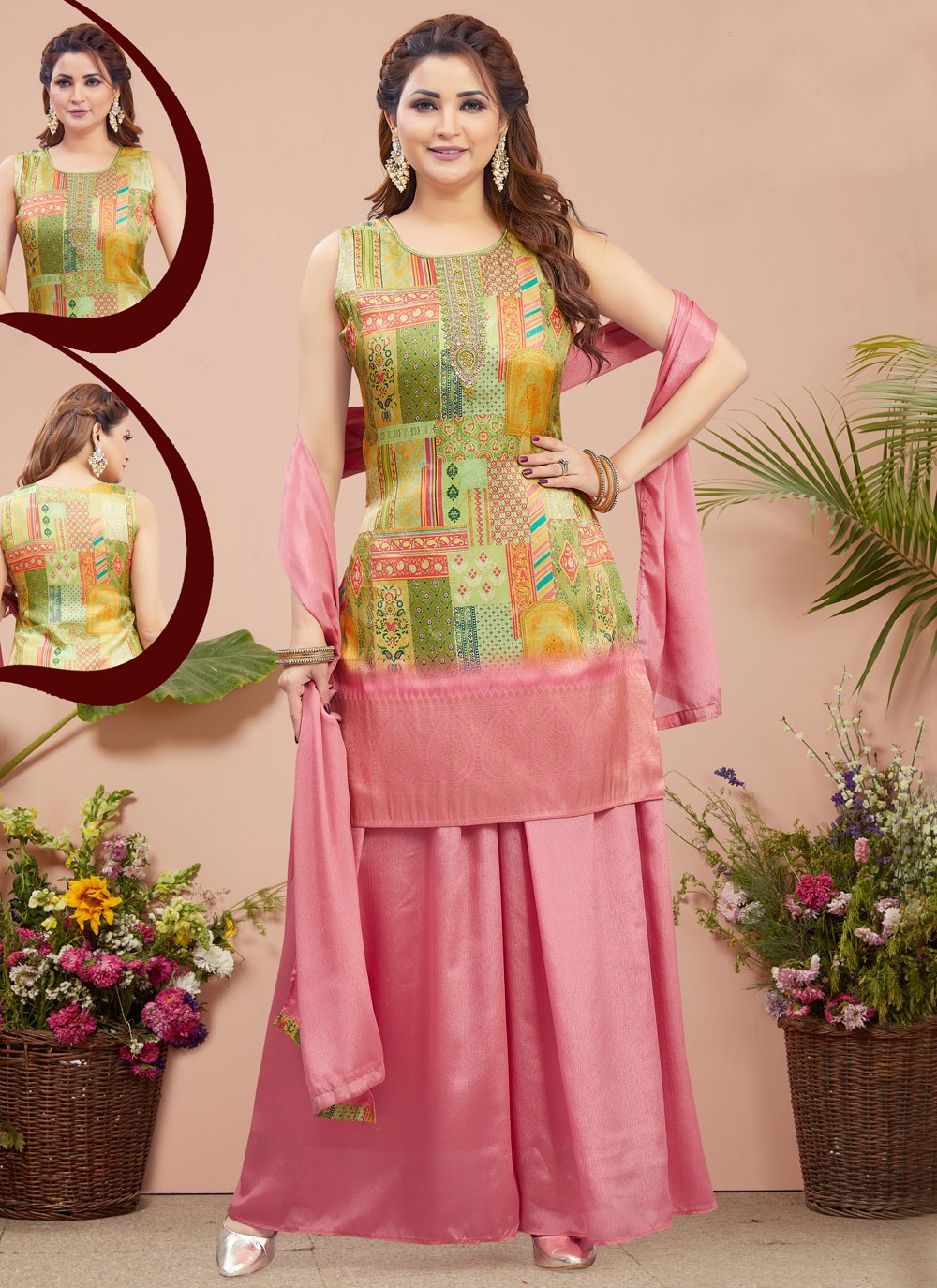 Palazzo Suit Fancy Work, Printed Pink T6662