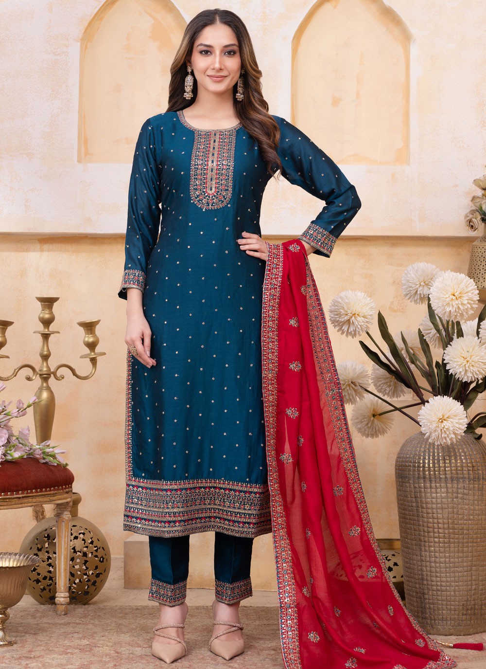 Pant Style Suit Embroidered, Zari Morpeach T8096