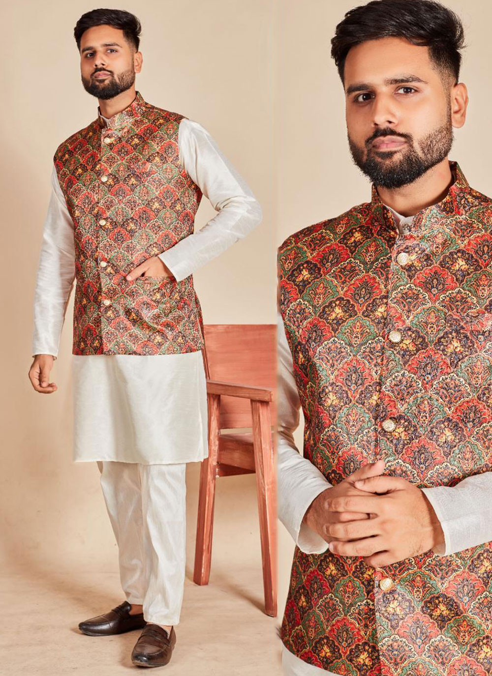 Plain Silk Multi Colour, Off White Kurta Payjama With Jacket - M6859