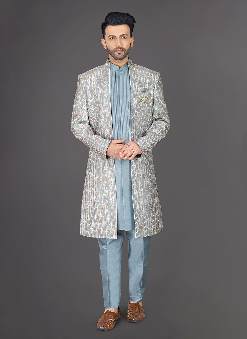 Embroidered Silk Multi Colour, Teal Sherwani - M7962