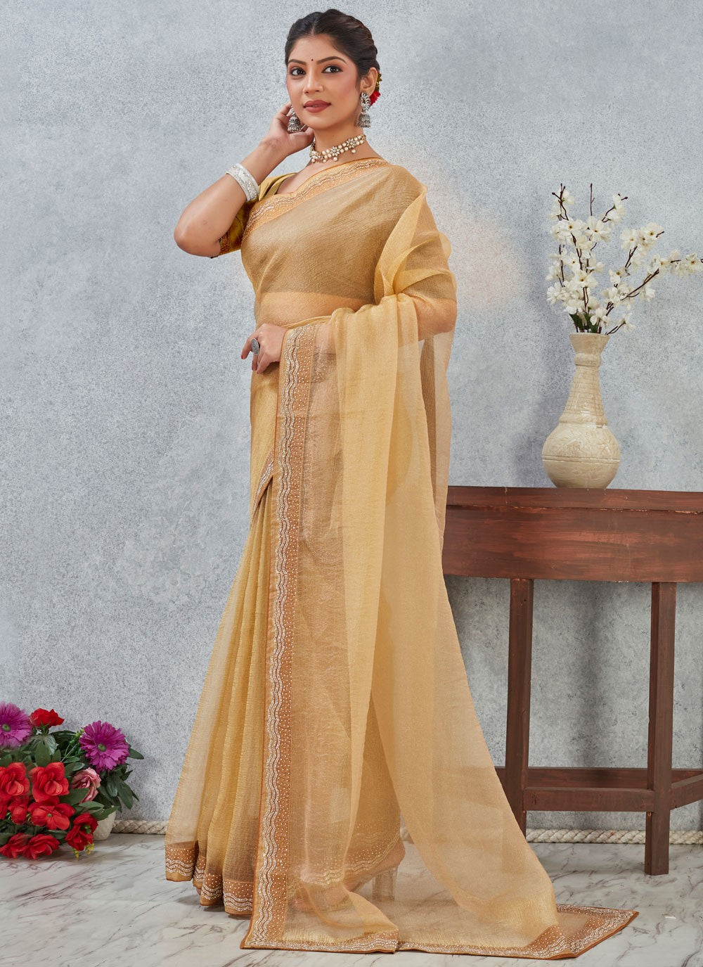 Mustard Silk Contemporary Saree Border Work, Zircon S20337