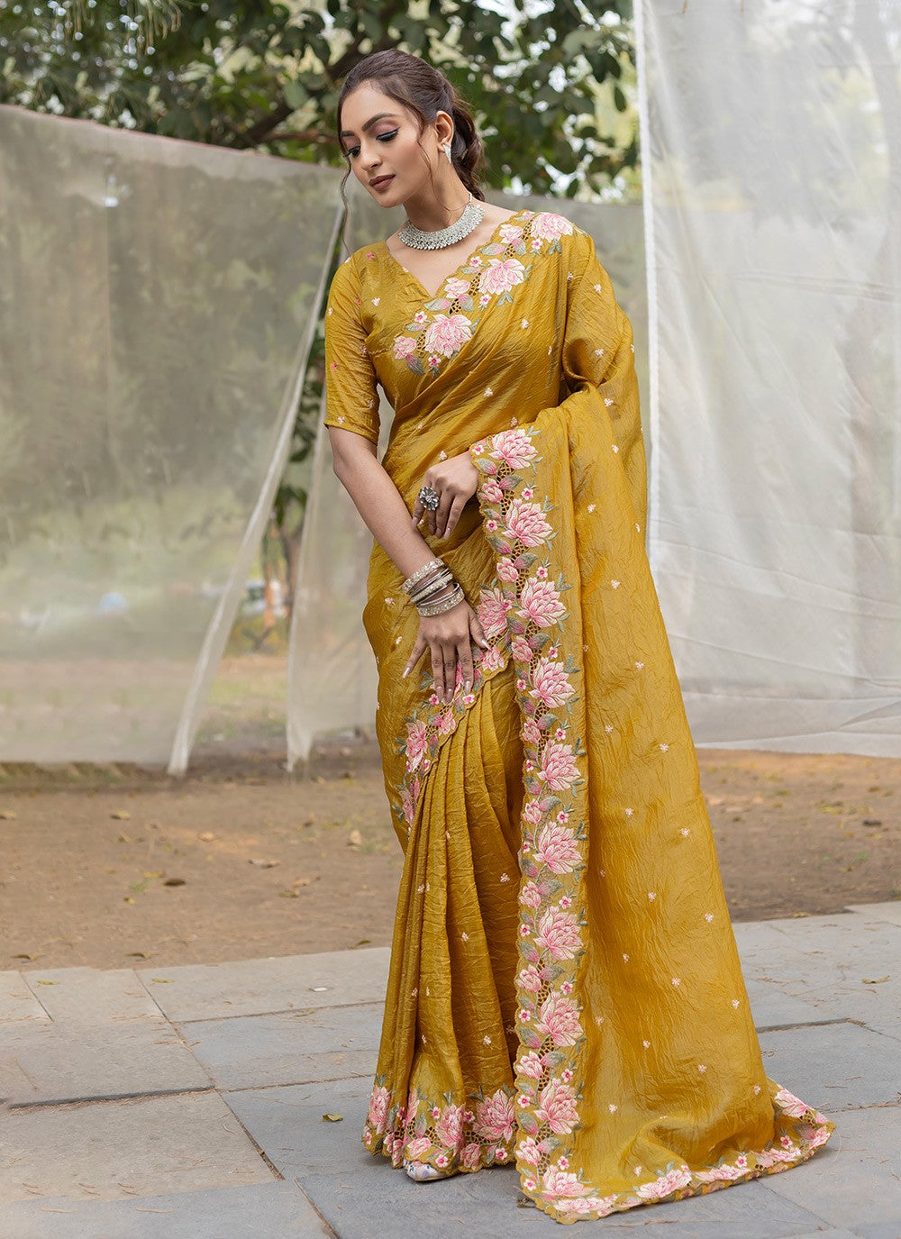 Trendy Saree Printed Mustard Crush S12550