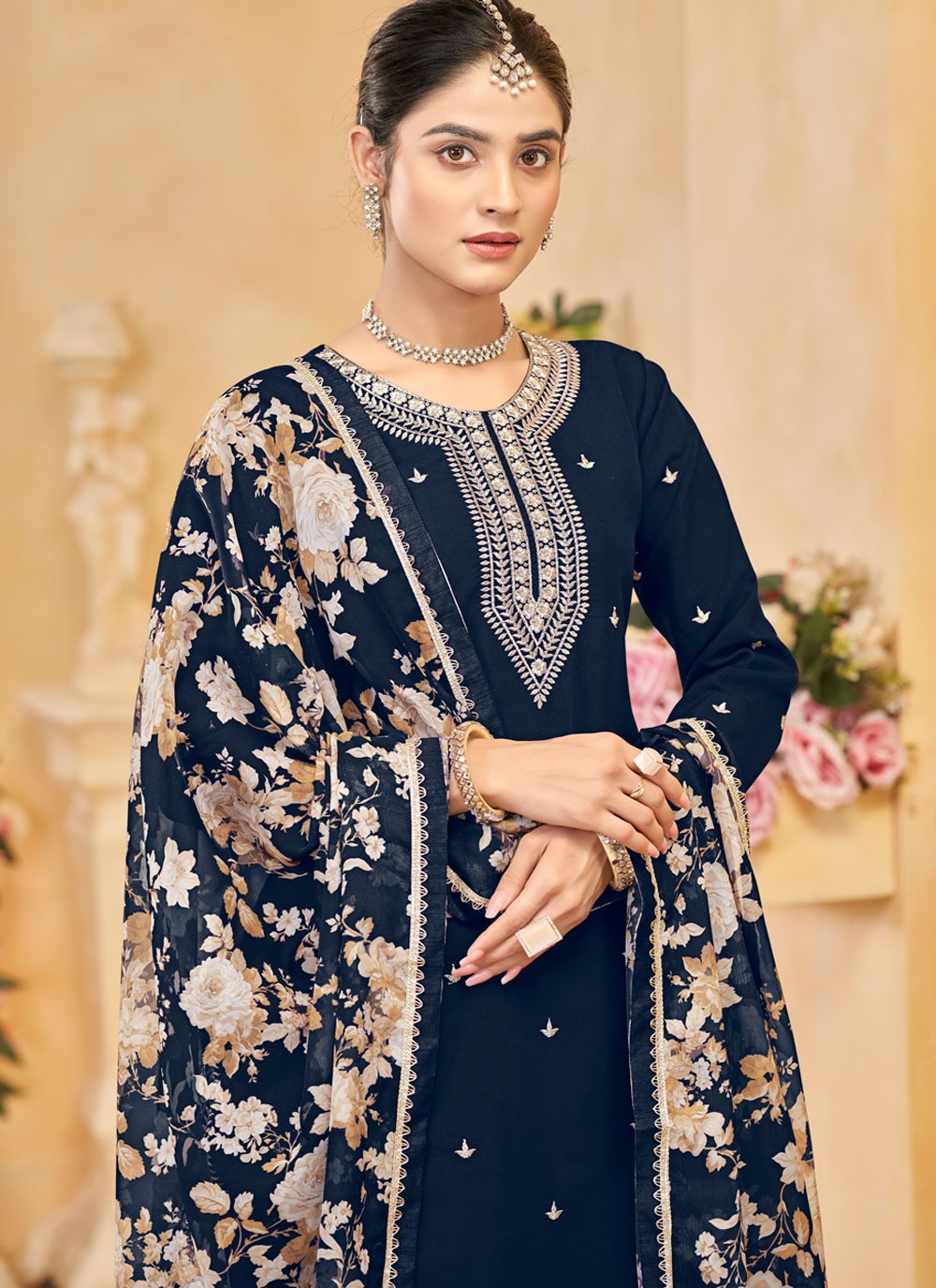 Embroidered Silk Navy Blue Salwar Suit T6003