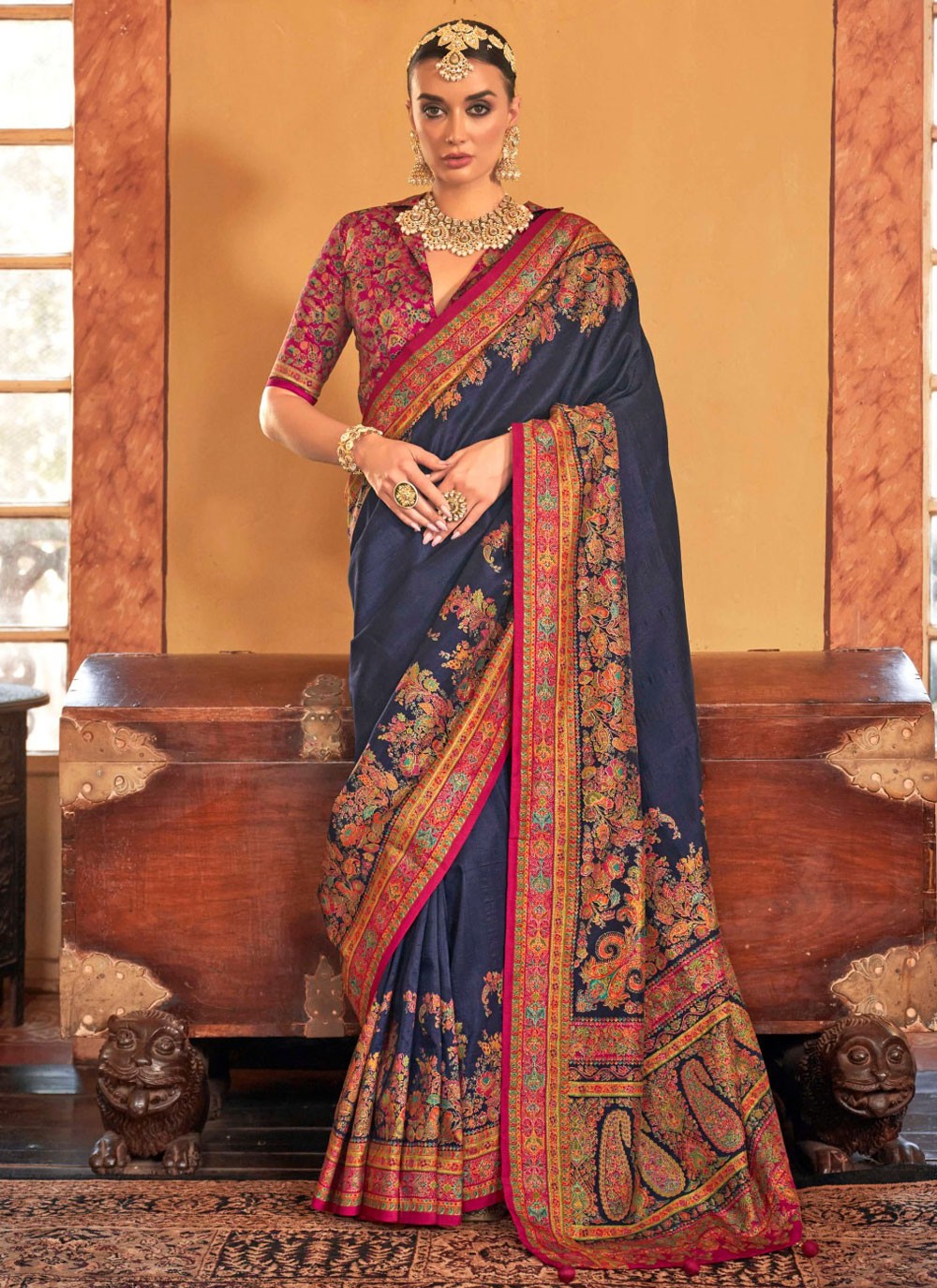 Printed Silk Navy Blue Saree S14334