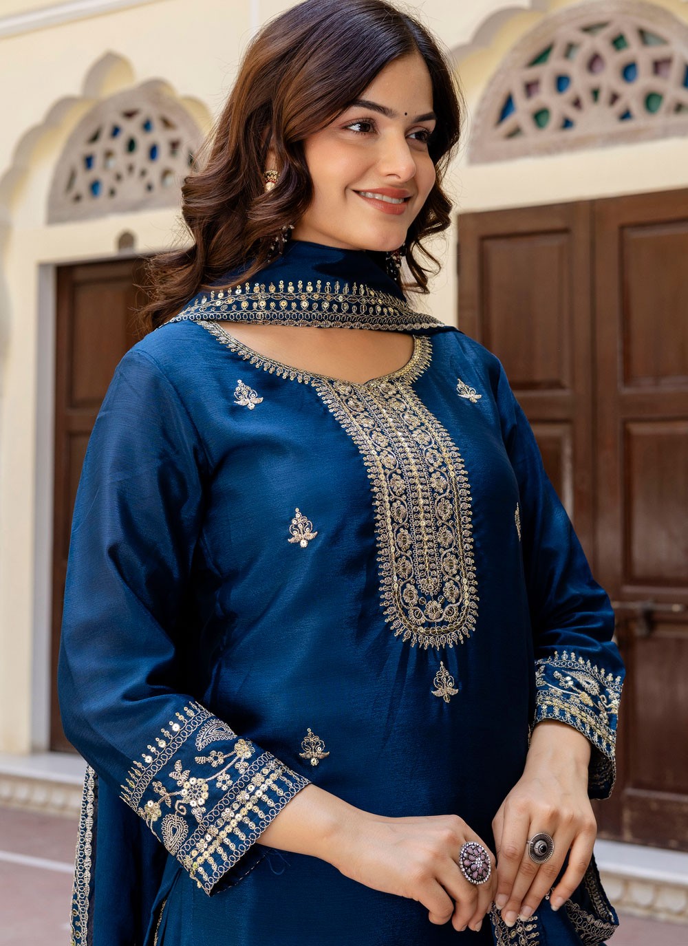 Palazzo Suit Embroidered Navy Blue T8504