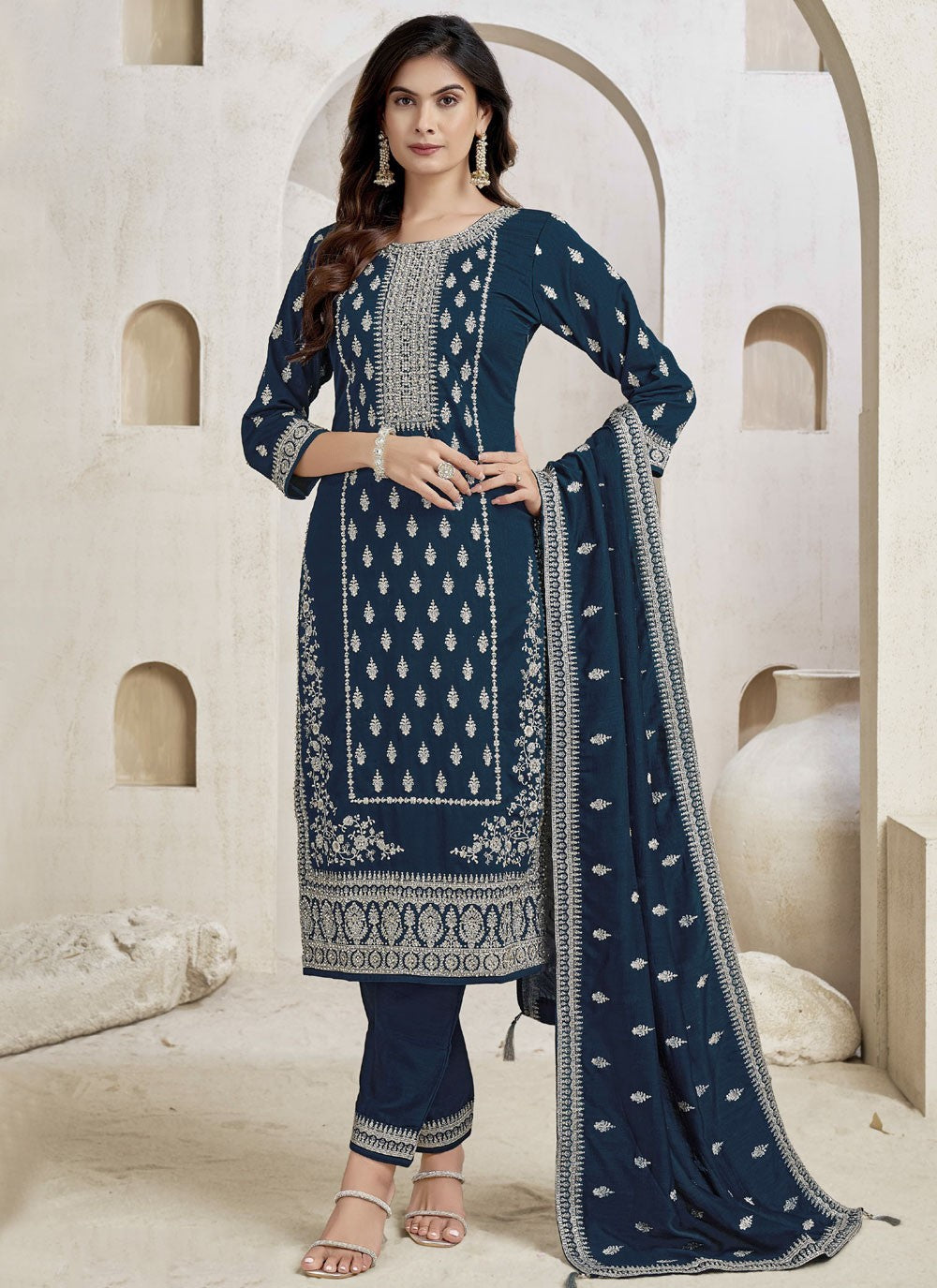 Pant Style Suit Embroidered, Thread Navy Blue T7610
