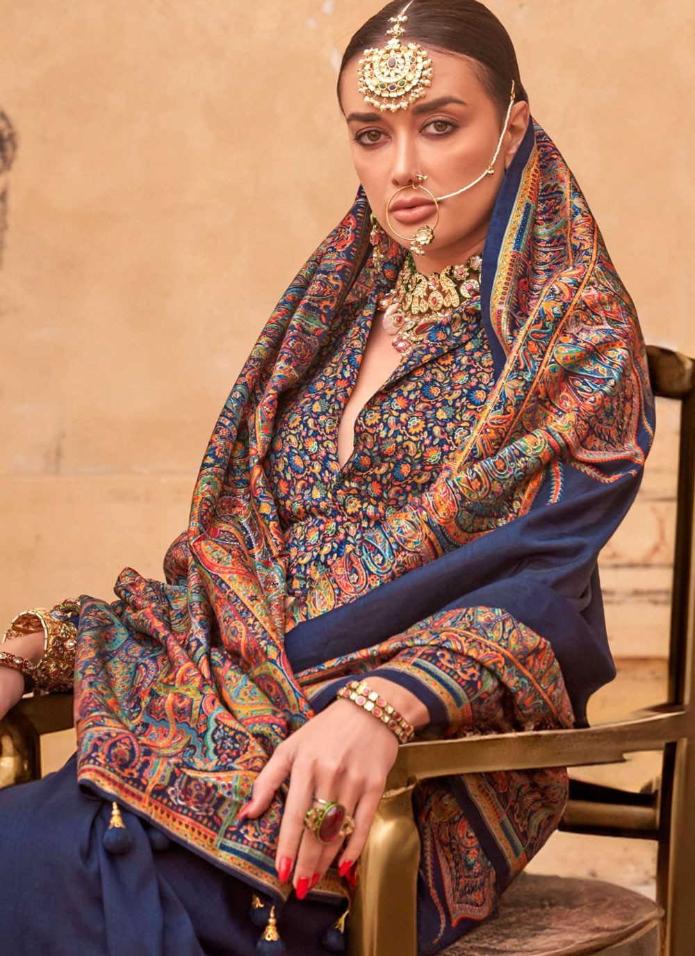 Paisley Printed Silk Navy Blue Saree S14199