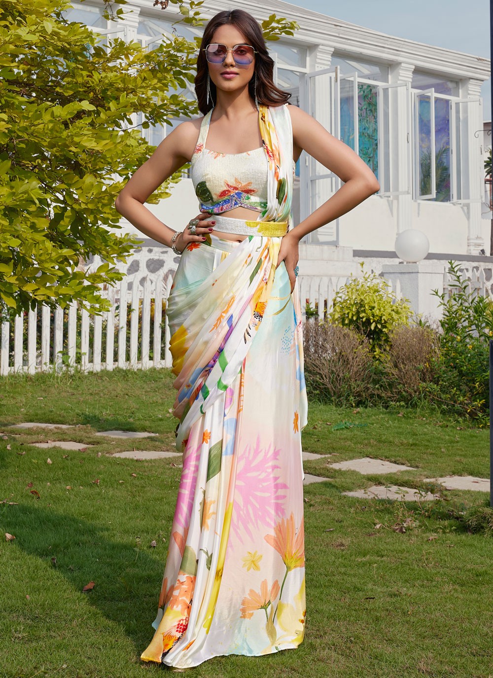 Contemporary Printed Off White Silk Saree S13428