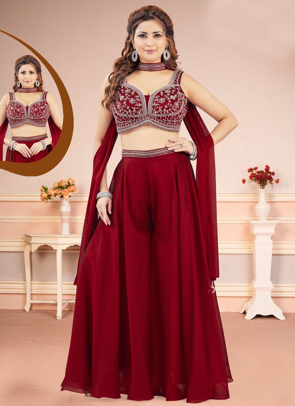 Palazzo Suit Embroidered Maroon Silk T5802