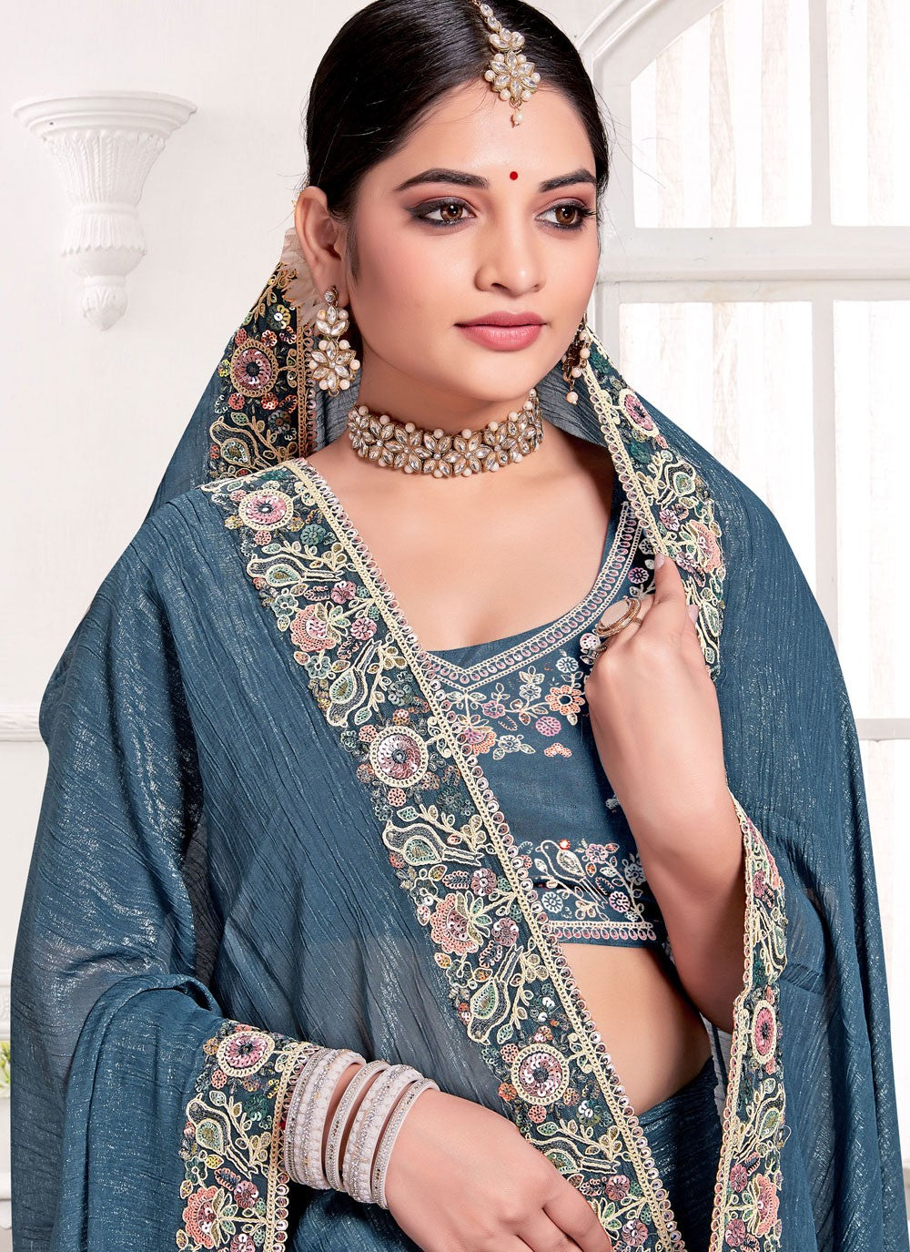 Classic Saree Cord Morpeach, Teal Silk Saree S13092