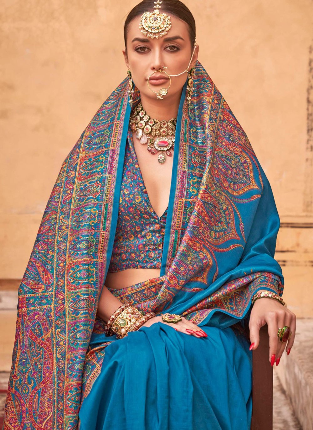 Paisley Printed Silk Blue Saree S14201