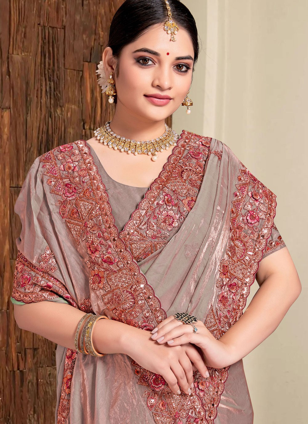 Traditional Saree Beads Grey Silk Saree S13091