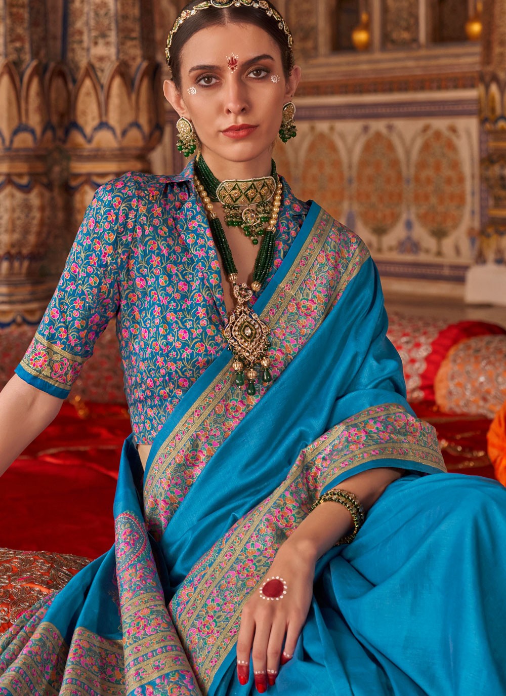 Aqua Blue Silk Traditional Saree Printed S20302