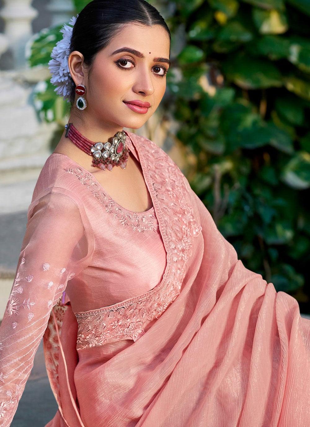 Pink Silk Contemporary Saree Embroidered, Lace S20134