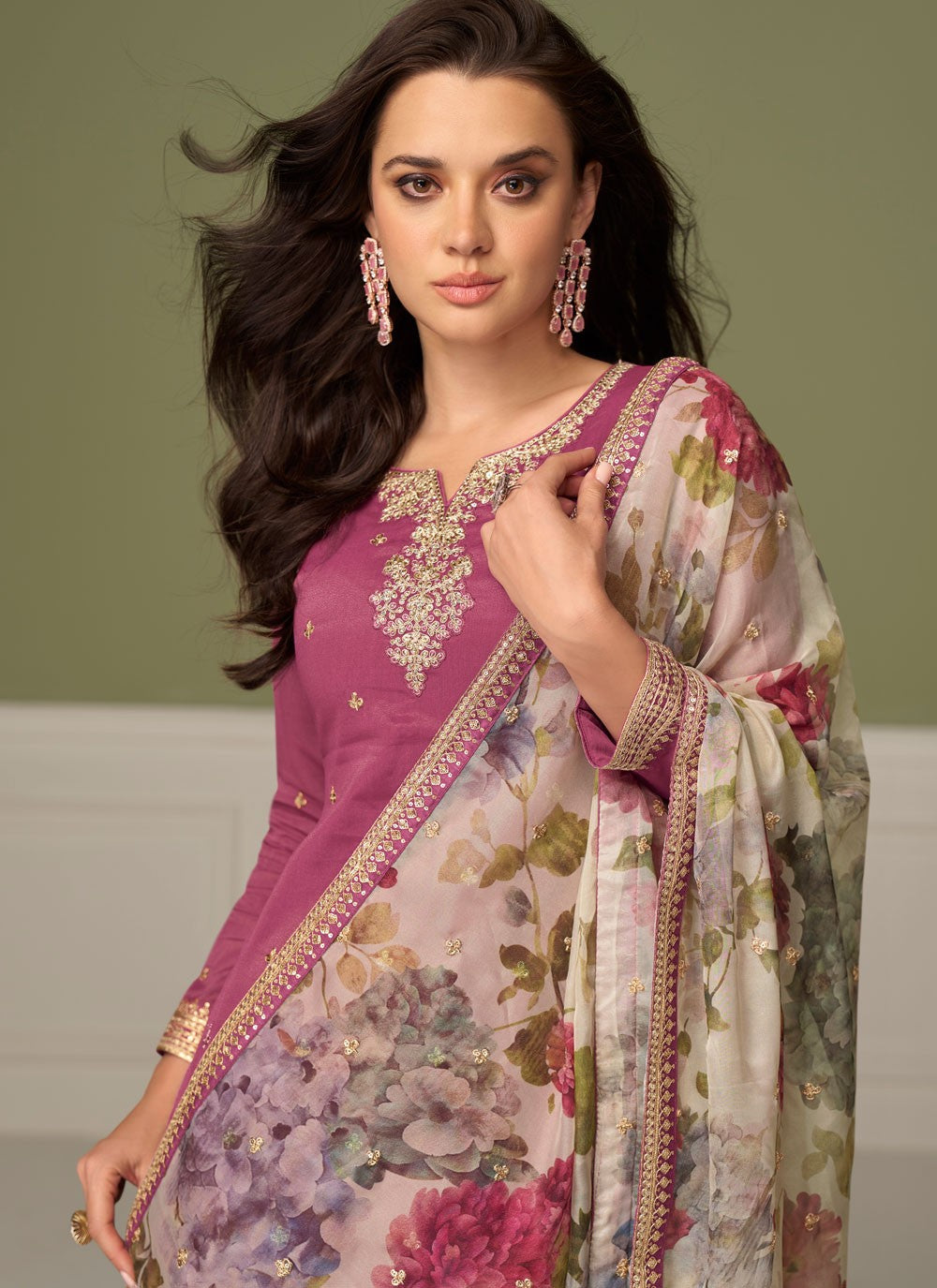 Palazzo Suit Embroidered Pink T8549