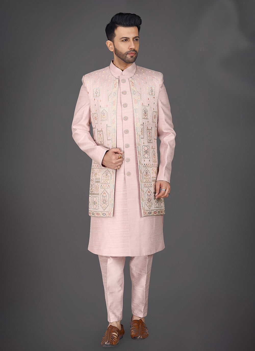 Embroidered Silk Pink Sherwani - M7989