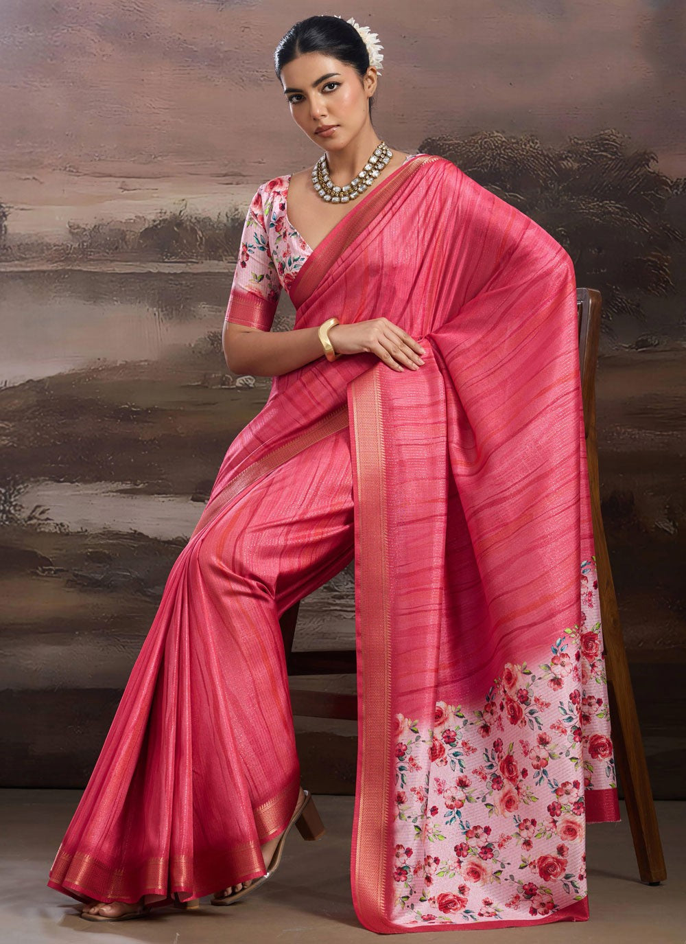 Pink Silk Classic Saree Floral Printed S19536