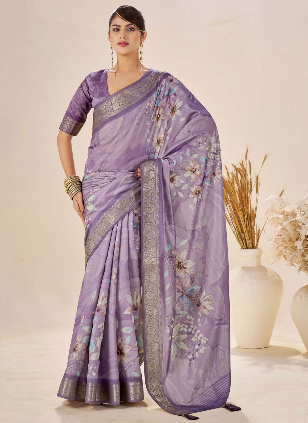 Lavender Silk Classic Saree Border Work, Fancy Work, Printed, Weaving Zari S19087