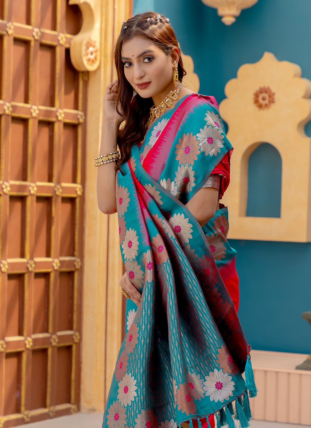 Classic Saree Printed Red Silk S12568