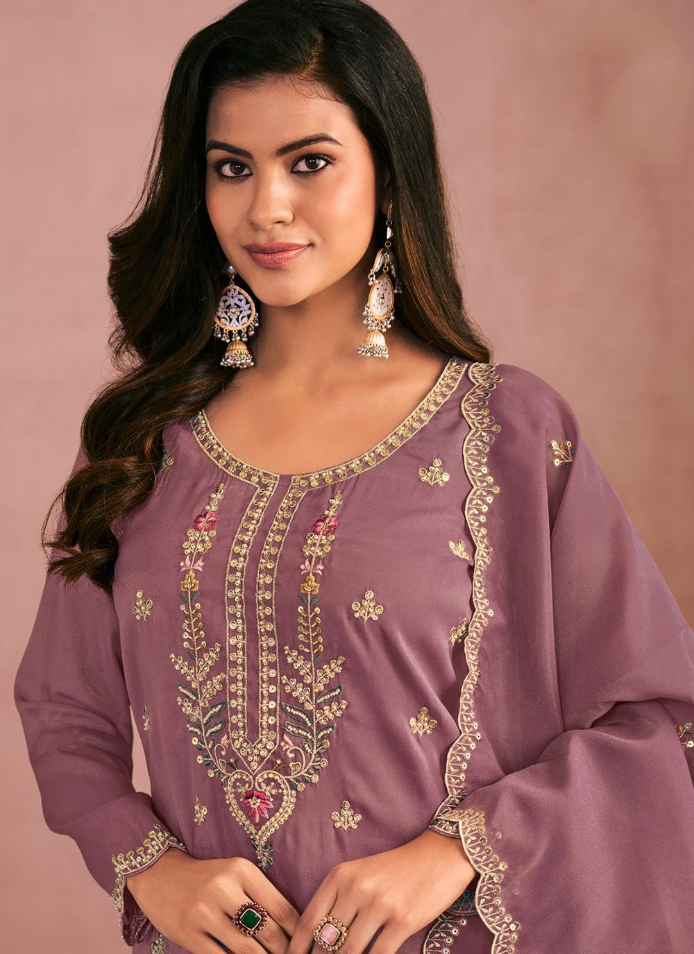 Palazzo Suit Embroidered, Thread Purple T8769