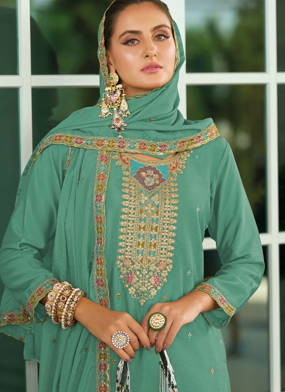 Palazzo Suit Embroidered, Sequins, Zari Rama T6712