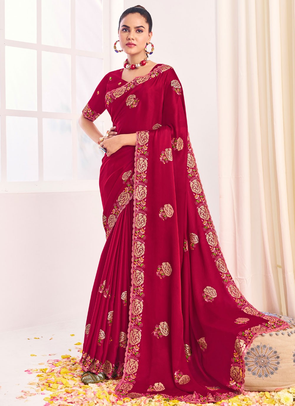 Designer Embroidered Hot Pink, Red Silk S12581