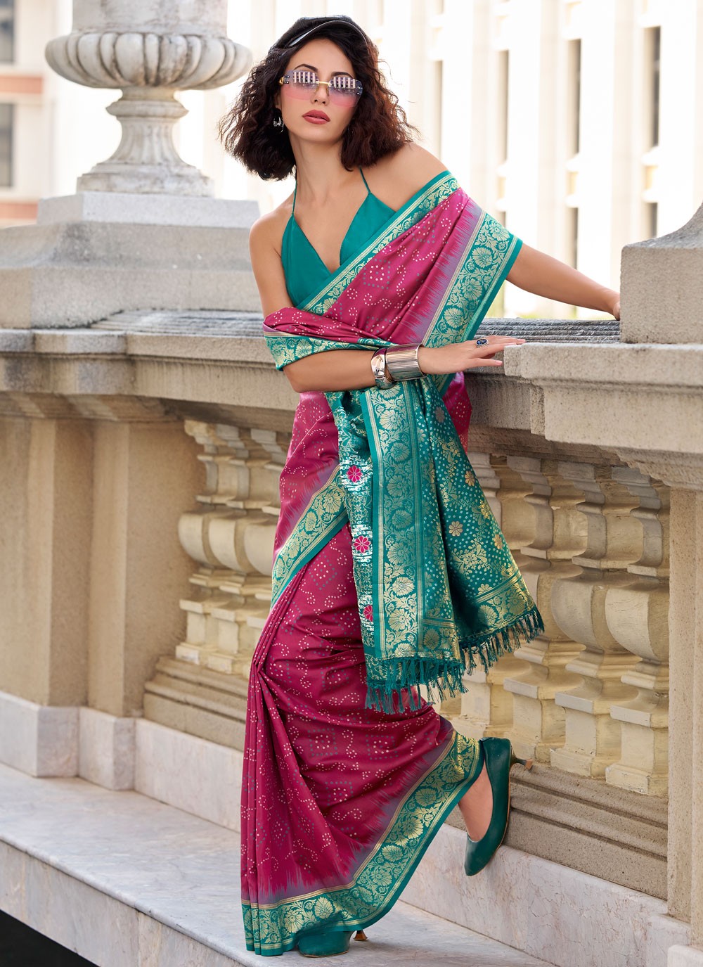 Classic Saree Foliage Prints Hot Pink, Red Silk Saree S13727