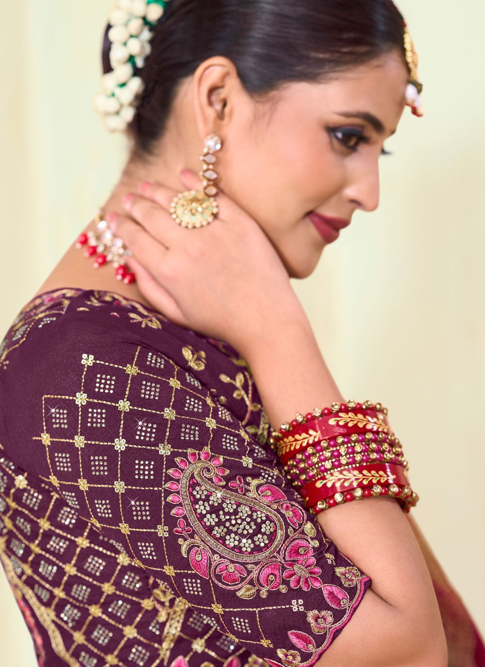 Classic Saree Paisley Printed Hot Pink Silk S12654