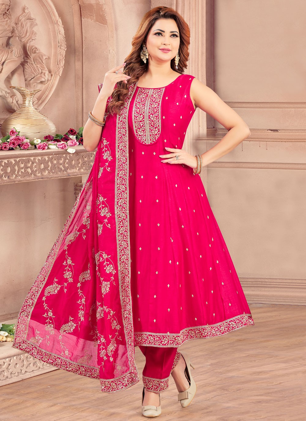 Anarkali Embroidered, Zari Hot Pink T7598