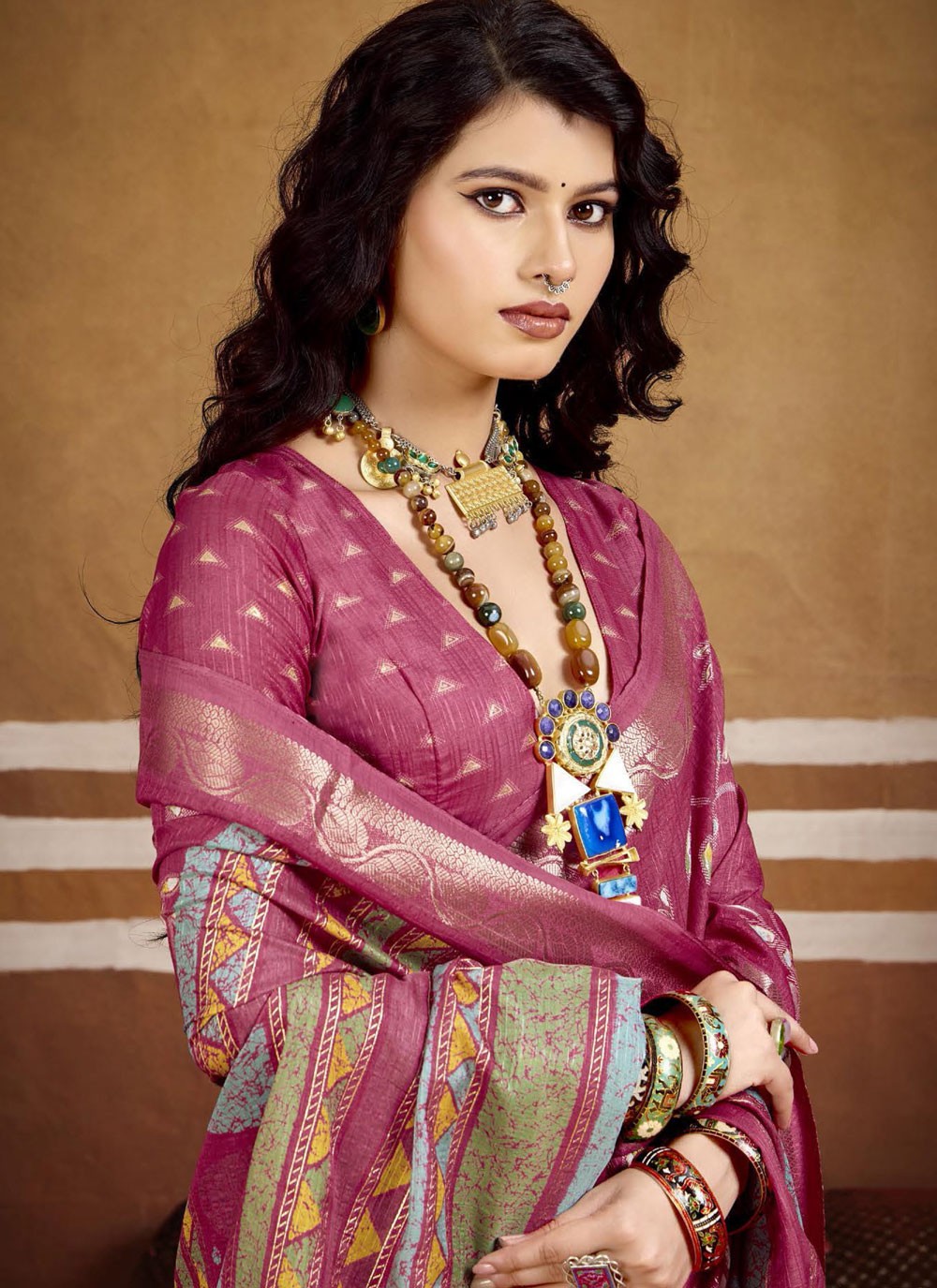 Hot Pink Silk Contemporary Saree Printed, Weaving Zari S16249