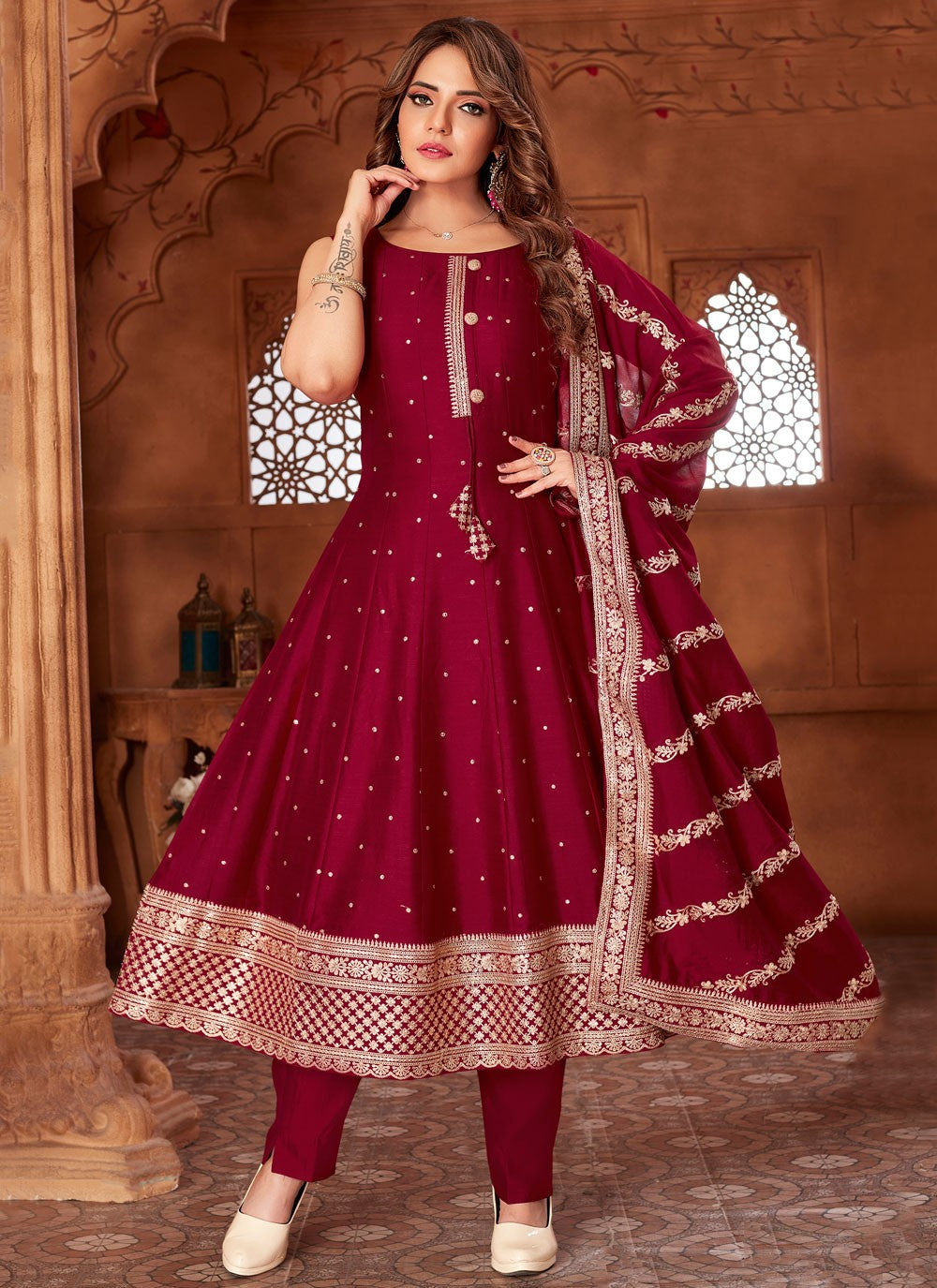 Anarkali Embroidered, Zari Hot Pink T7888