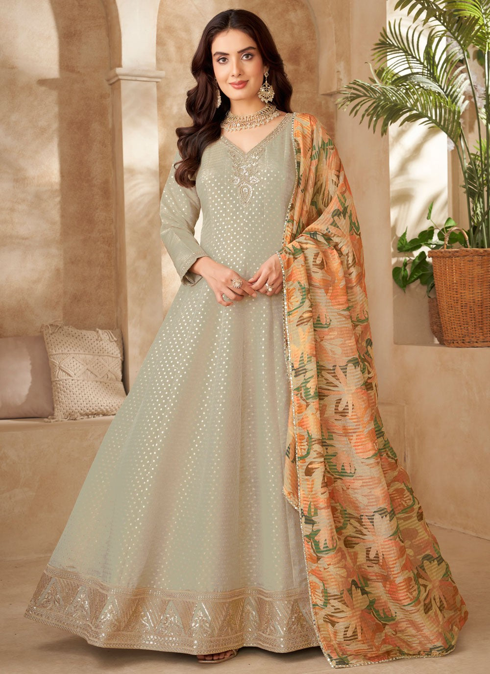 Embroidered Silk Grey Gown G19847