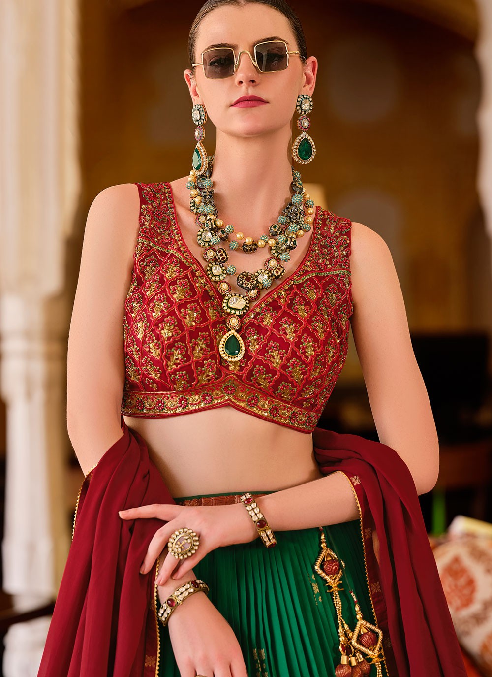 Foliage Prints Silk Green Lehenga - L3278