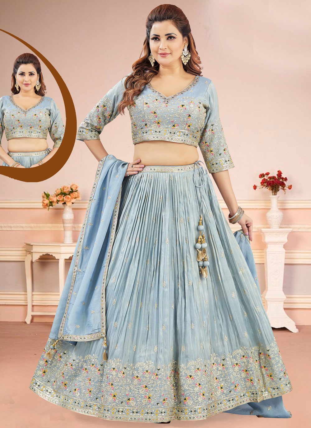 Embroidered Silk Blue Lehenga Choli L3461