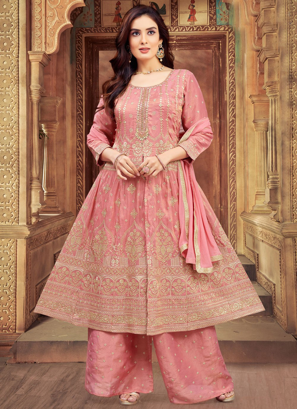 Palazzo Suit Embroidered, Zari Pink T6620