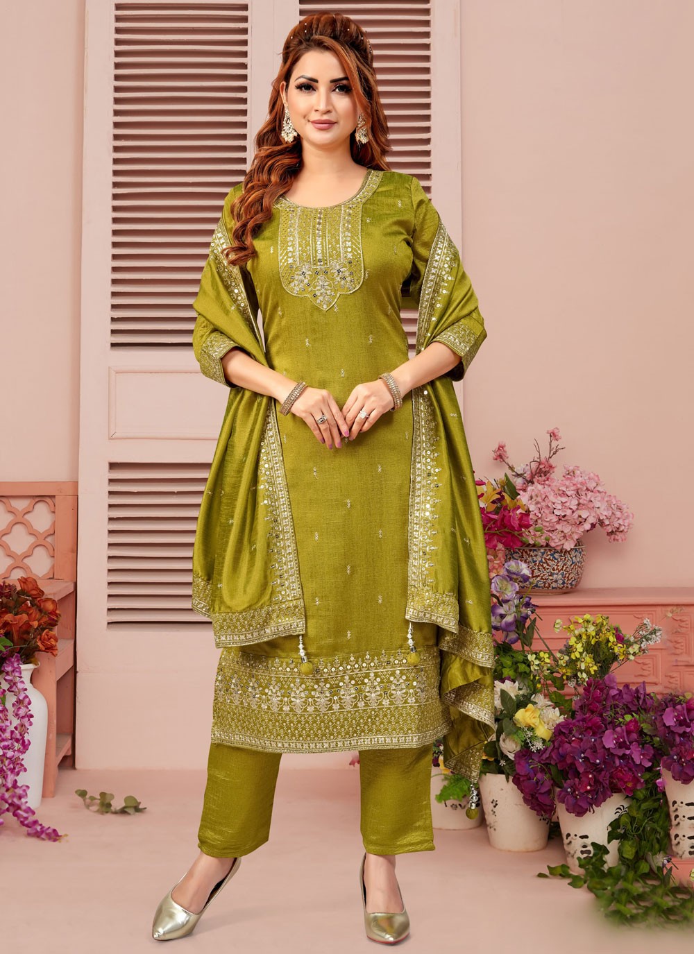 Pant Style Suit Embroidered, Sequins, Zari Green T8067