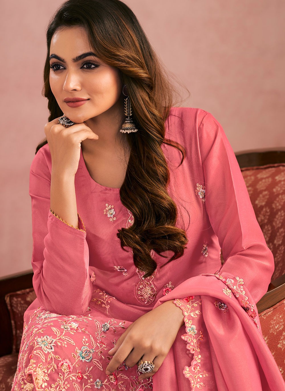 Palazzo Suit Embroidered, Thread Pink T8771
