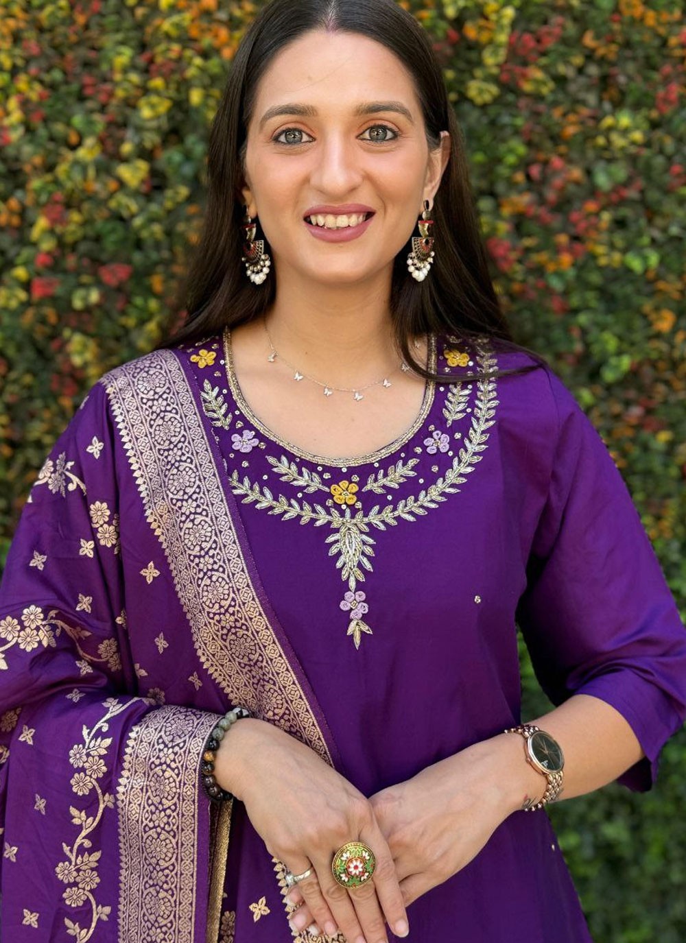 Salwar Suit Embroidered Violet Silk T5084