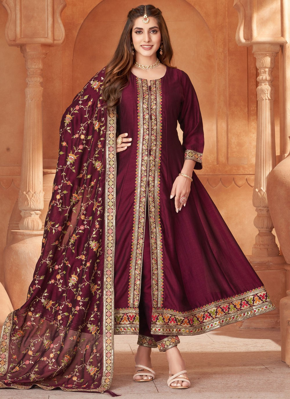 Salwar Suit Embroidered Wine Silk T5607