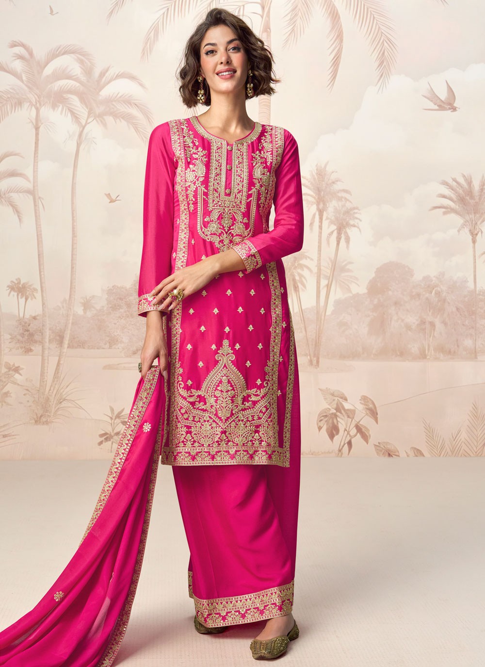 Palazzo Suit Embroidered, Sequins, Zari Hot Pink T7931