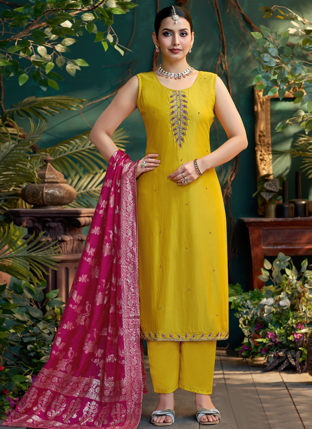 Pant Style Suit Embroidered Yellow T8117