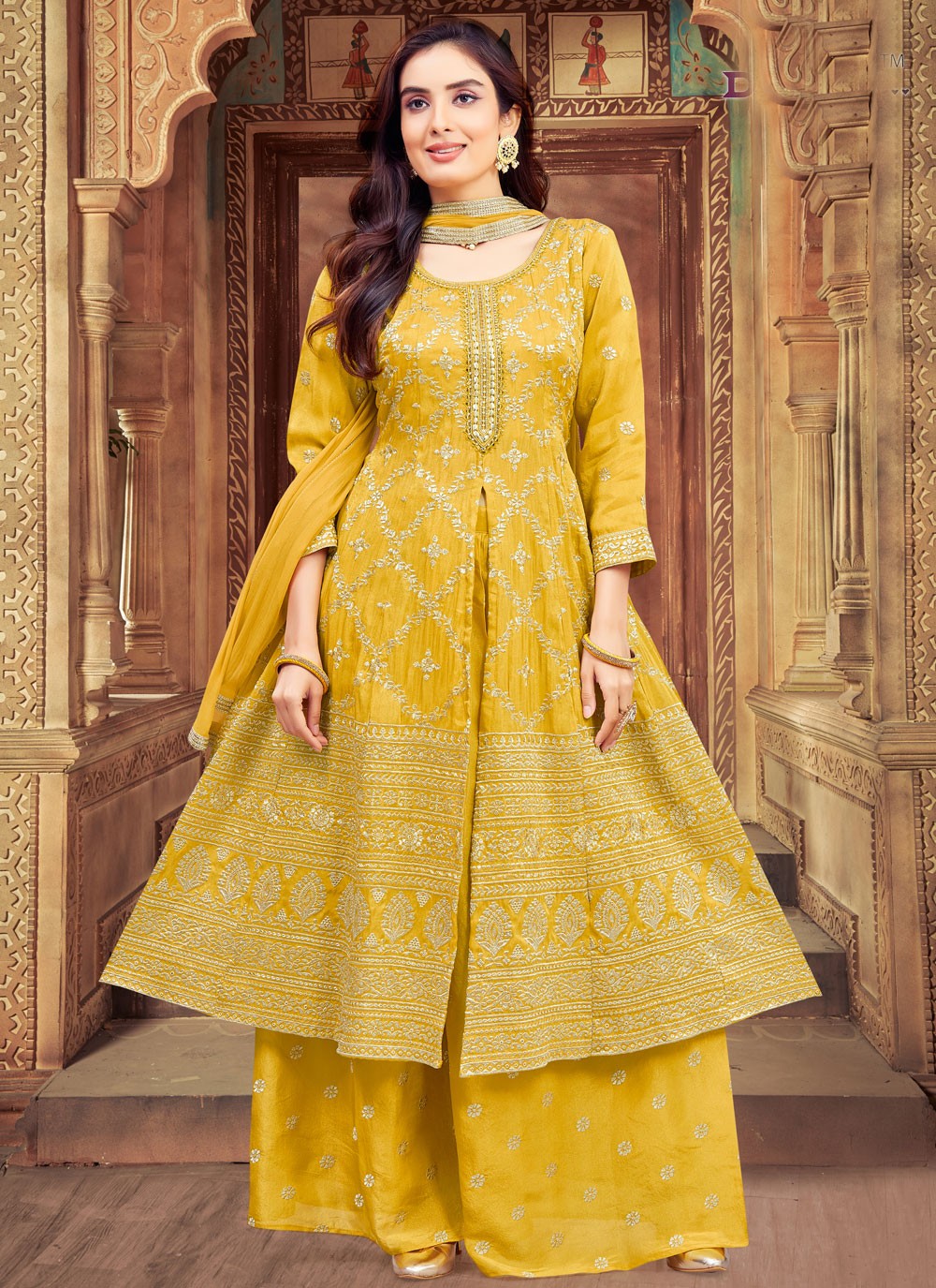 Palazzo Suit Embroidered, Zari Yellow T6623
