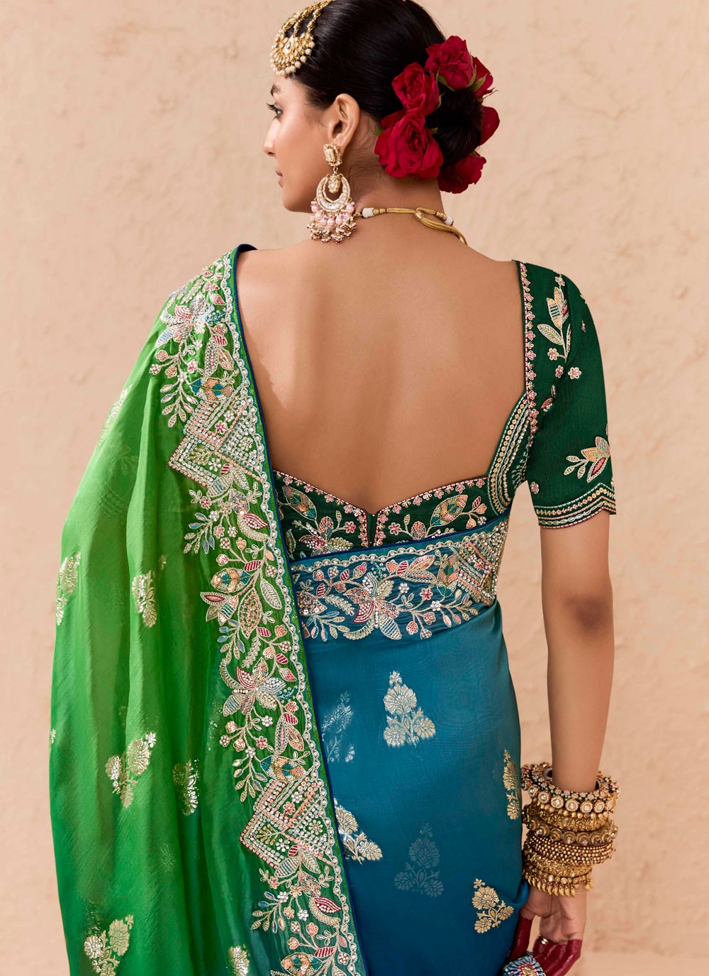 Contemporary Embroidered Green, Morpeach Silk Saree S13663