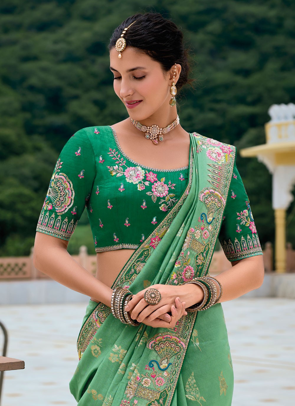 Embroidered Silk Green Saree S14421
