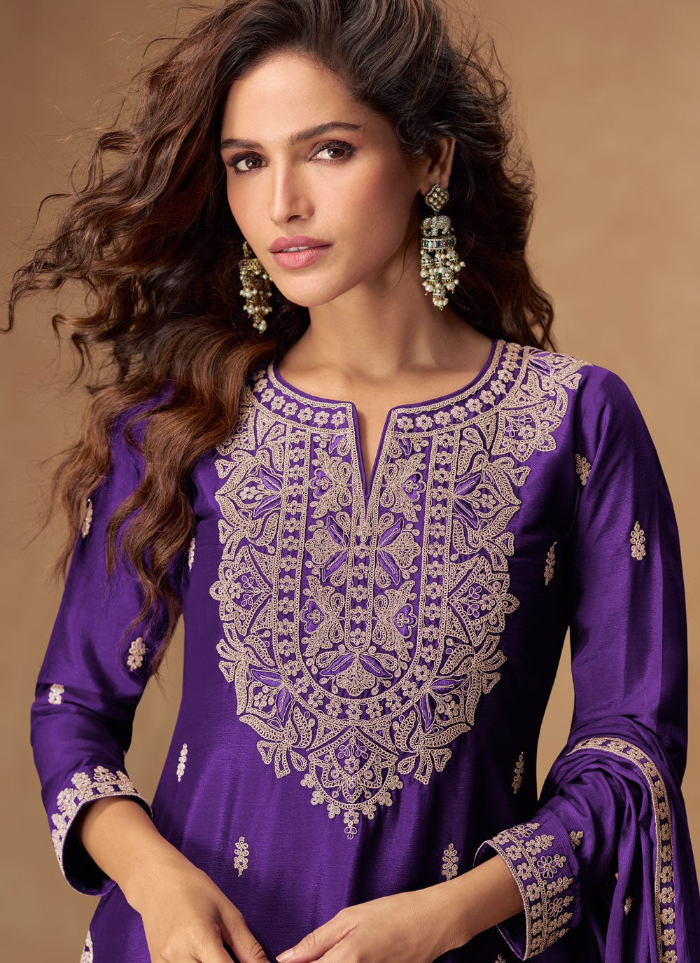 Palazzo Suit Embroidered Purple T8543